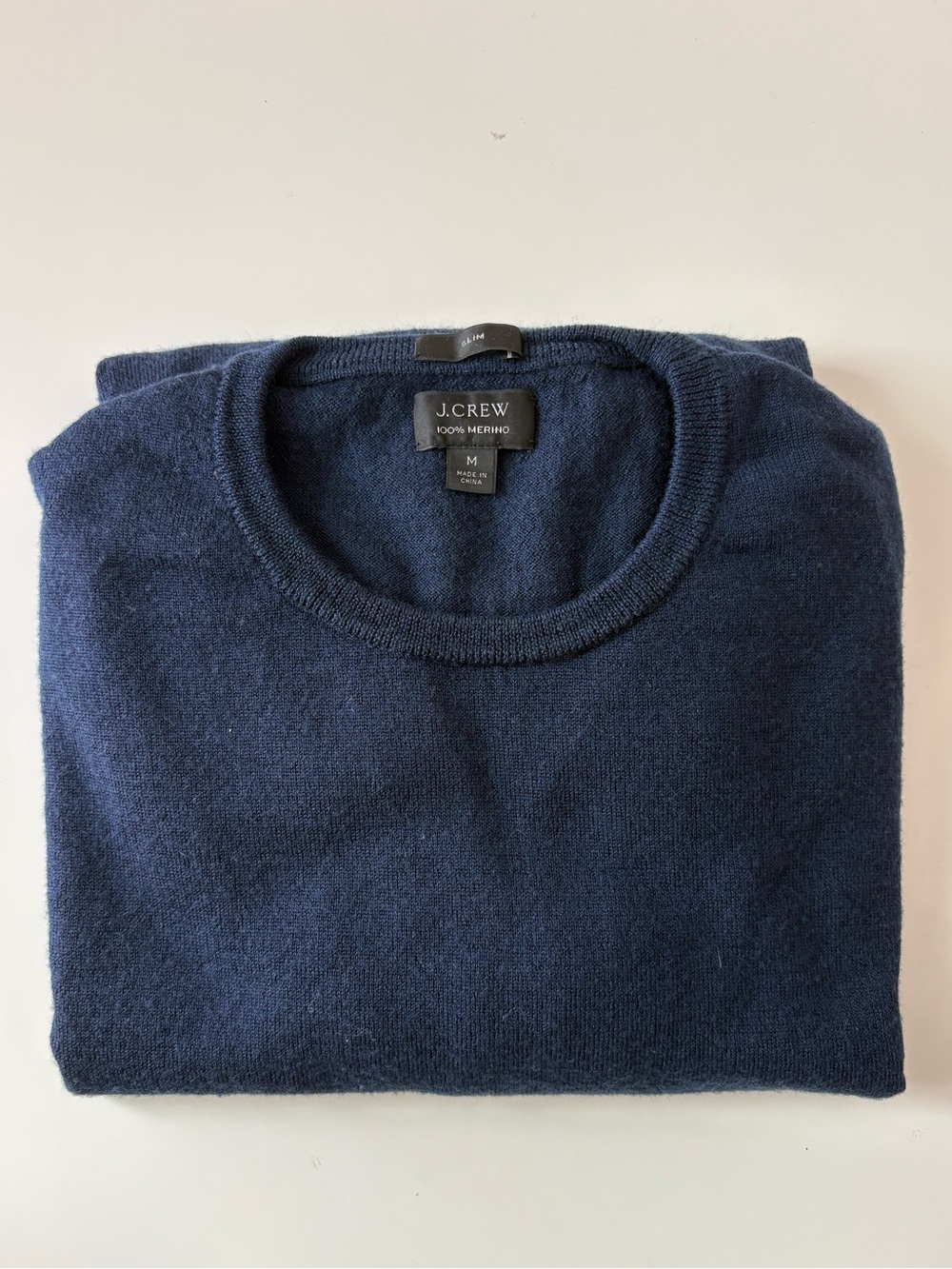 J. Crew 100% Merino Wool Men’s Medium Navy Crew Neck Sweater Slim Fit Ribbed